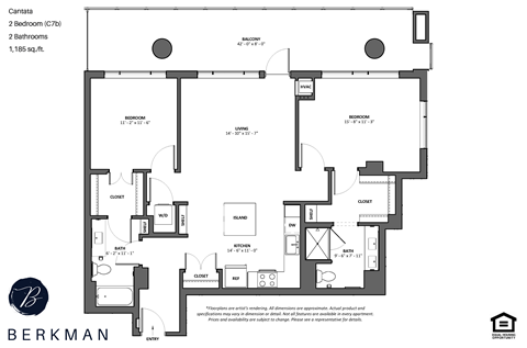 Floor plan for 2 beds, 2 baths, 1185 sqft